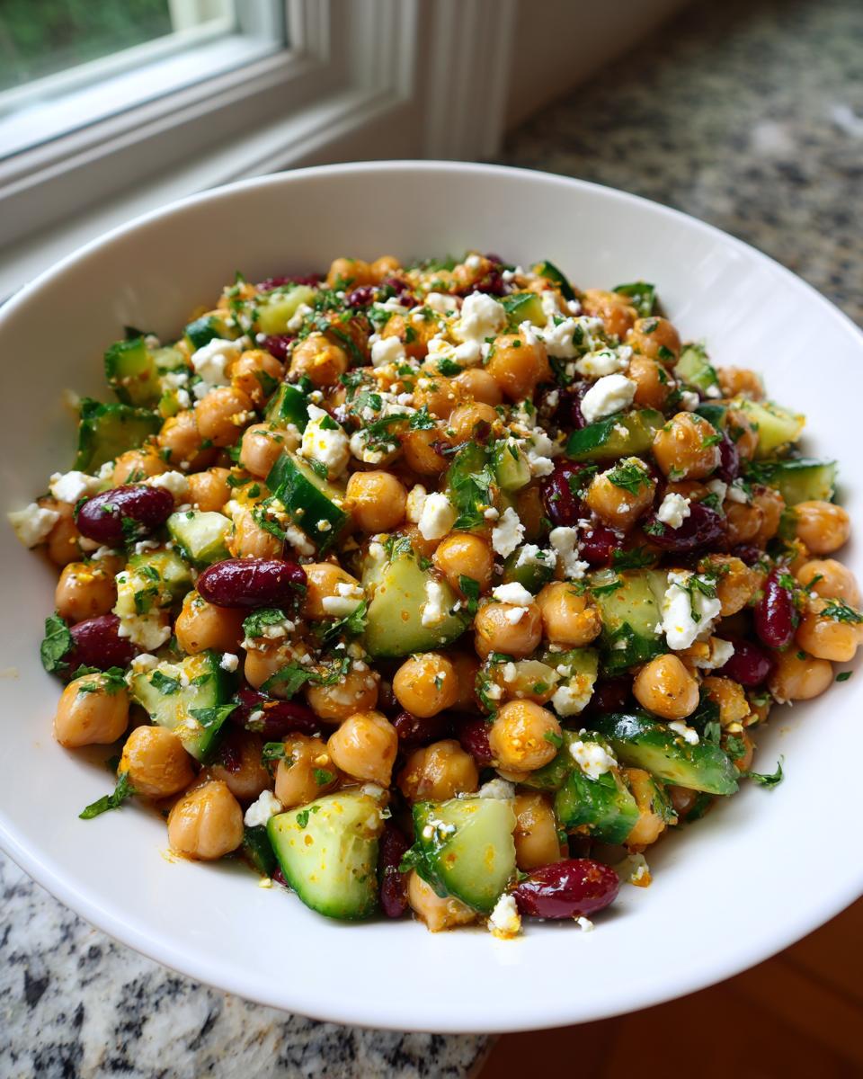 Close-up of a vibrant bean salad featuring chickpeas, kidney beans, cucumber chunks, and feta cheese.