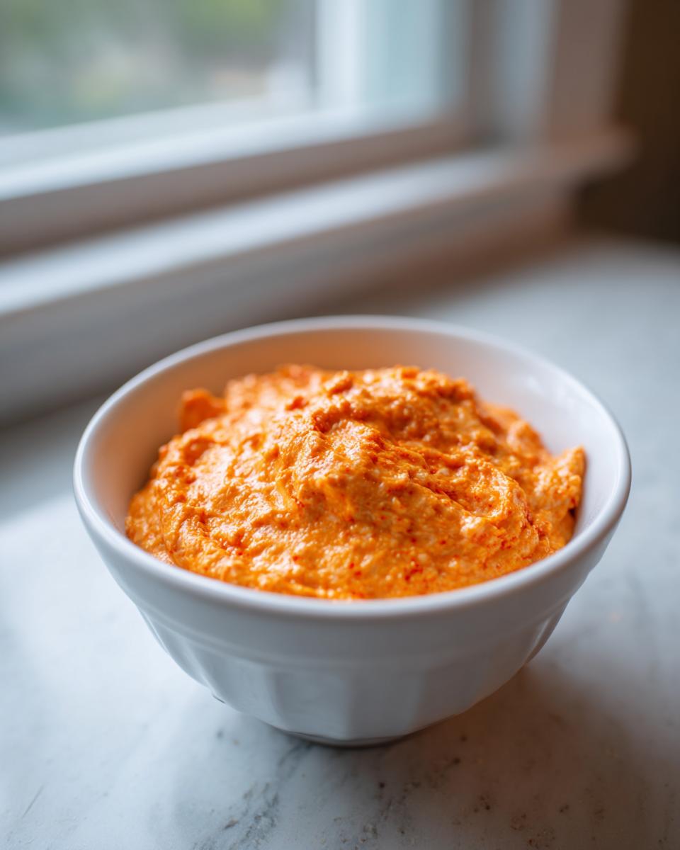 Close-up of a creamy, bright orange chili cheese dip served in a small white bowl near a window.