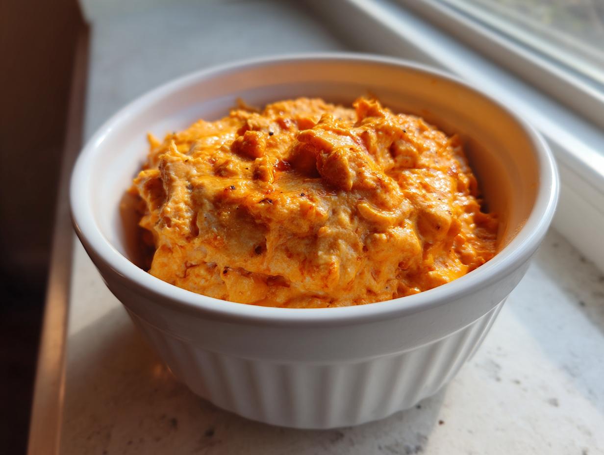 A close-up of thick, creamy, orange chili cheese dip served in a white ramekin near a window.