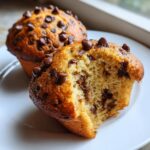 Two golden-brown chocolate chip muffins on a white plate, one of which has a bite taken out showing the moist interior.