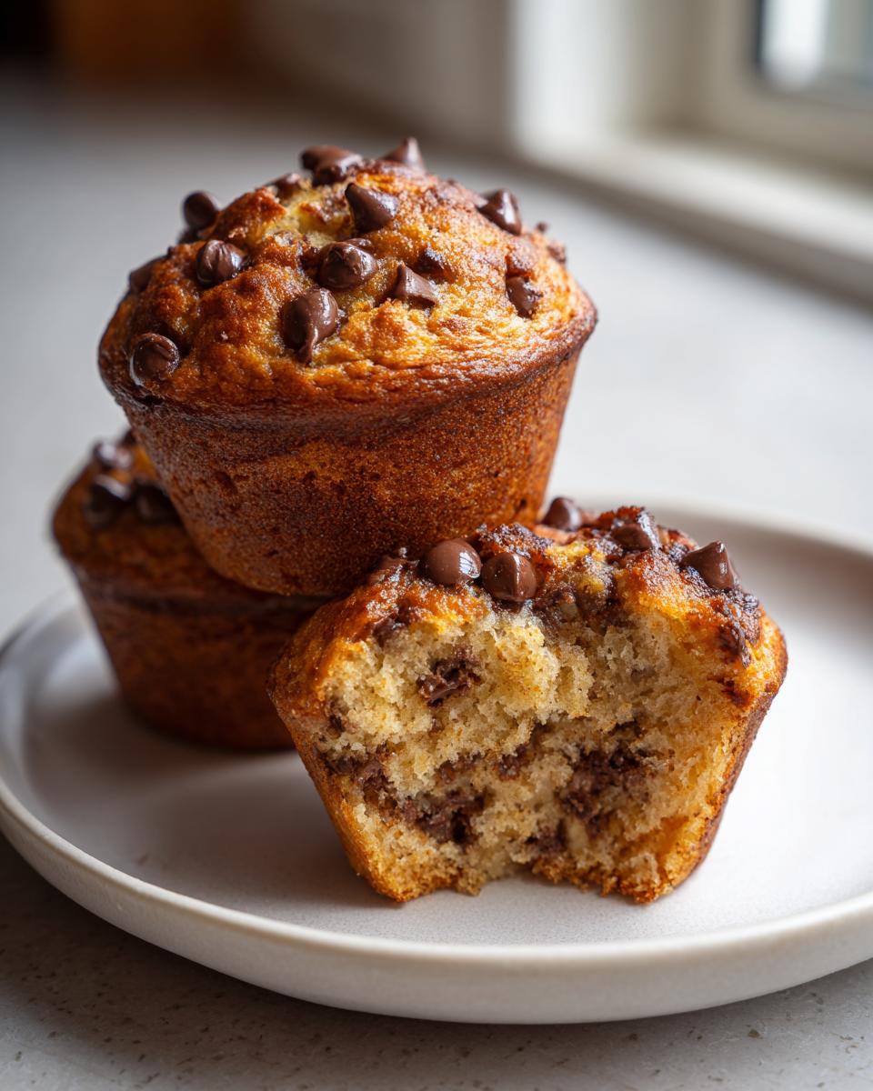 Close-up of three amazing chocolate chip muffins, one bitten to show the soft interior.