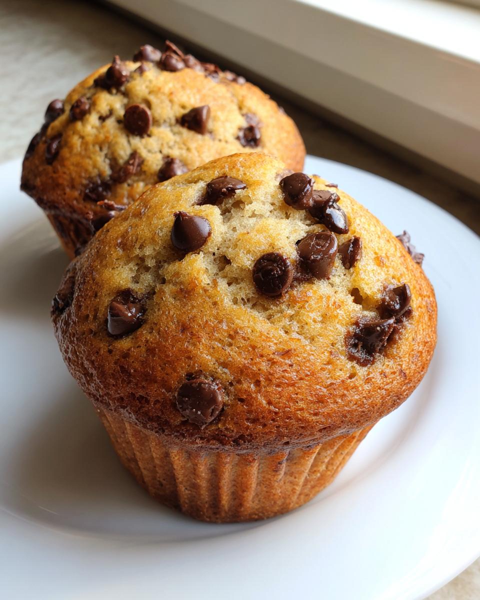 Two perfectly baked chocolate chip muffins with golden tops studded with melted chocolate chips, resting on a white plate.