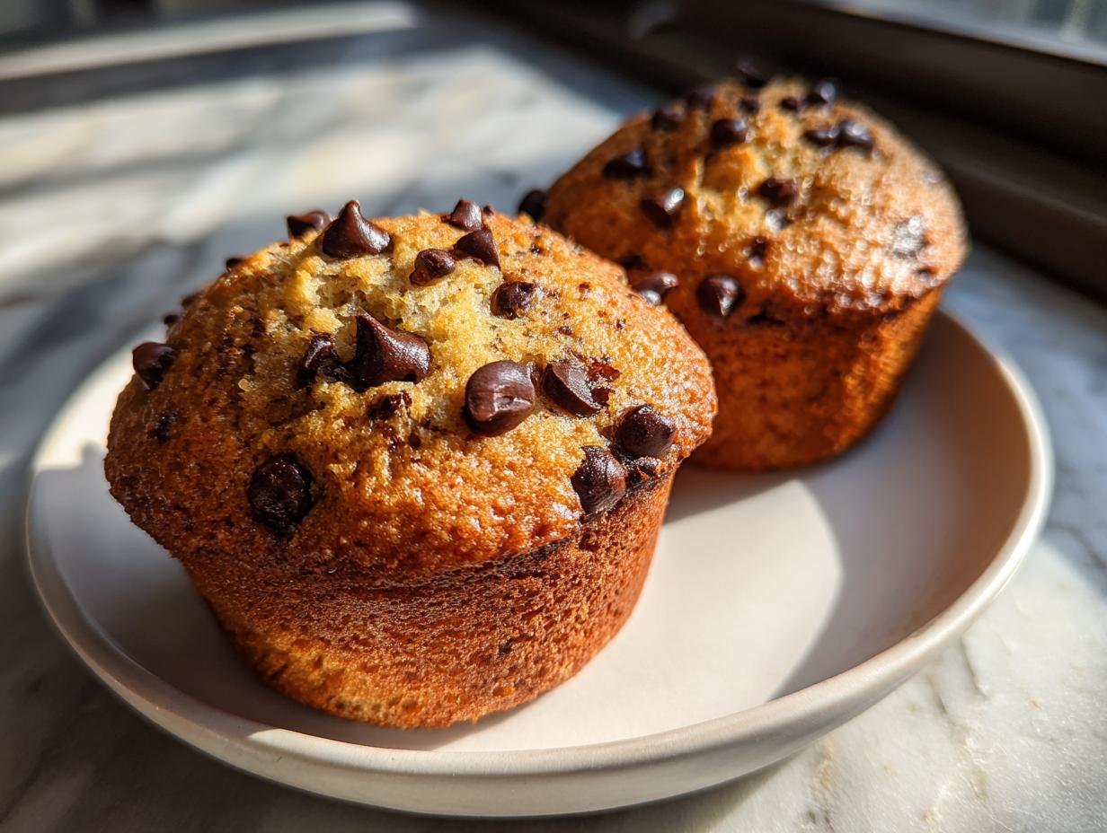 Two freshly baked, golden brown chocolate chip muffins topped with melted chips, sitting on a light plate.