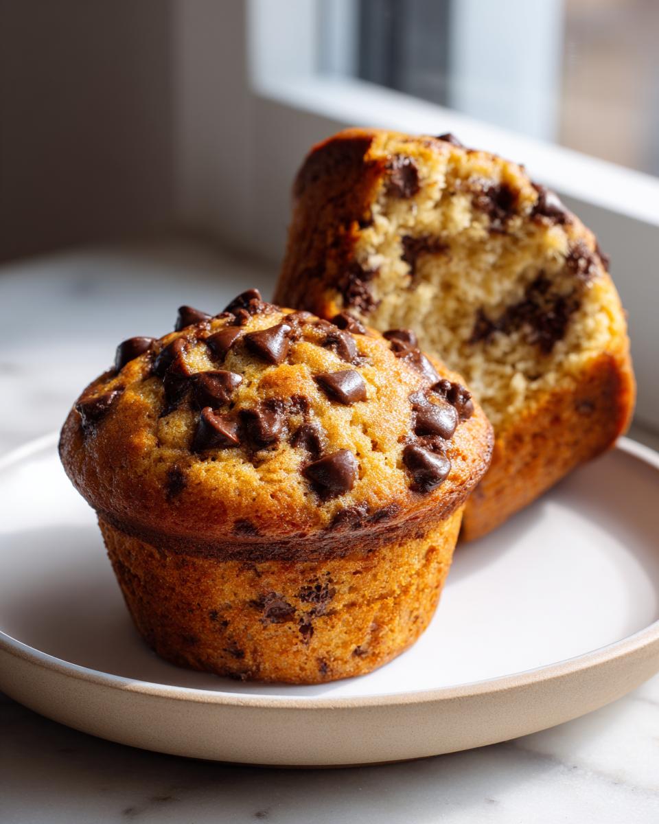 Two delicious chocolate chip muffins on a white plate, one whole and one broken open showing the moist interior.