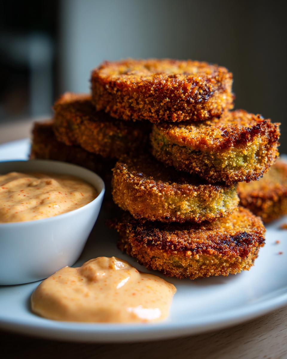 A stack of perfectly golden brown fried green tomatoes served with a side of creamy, spicy dipping sauce.