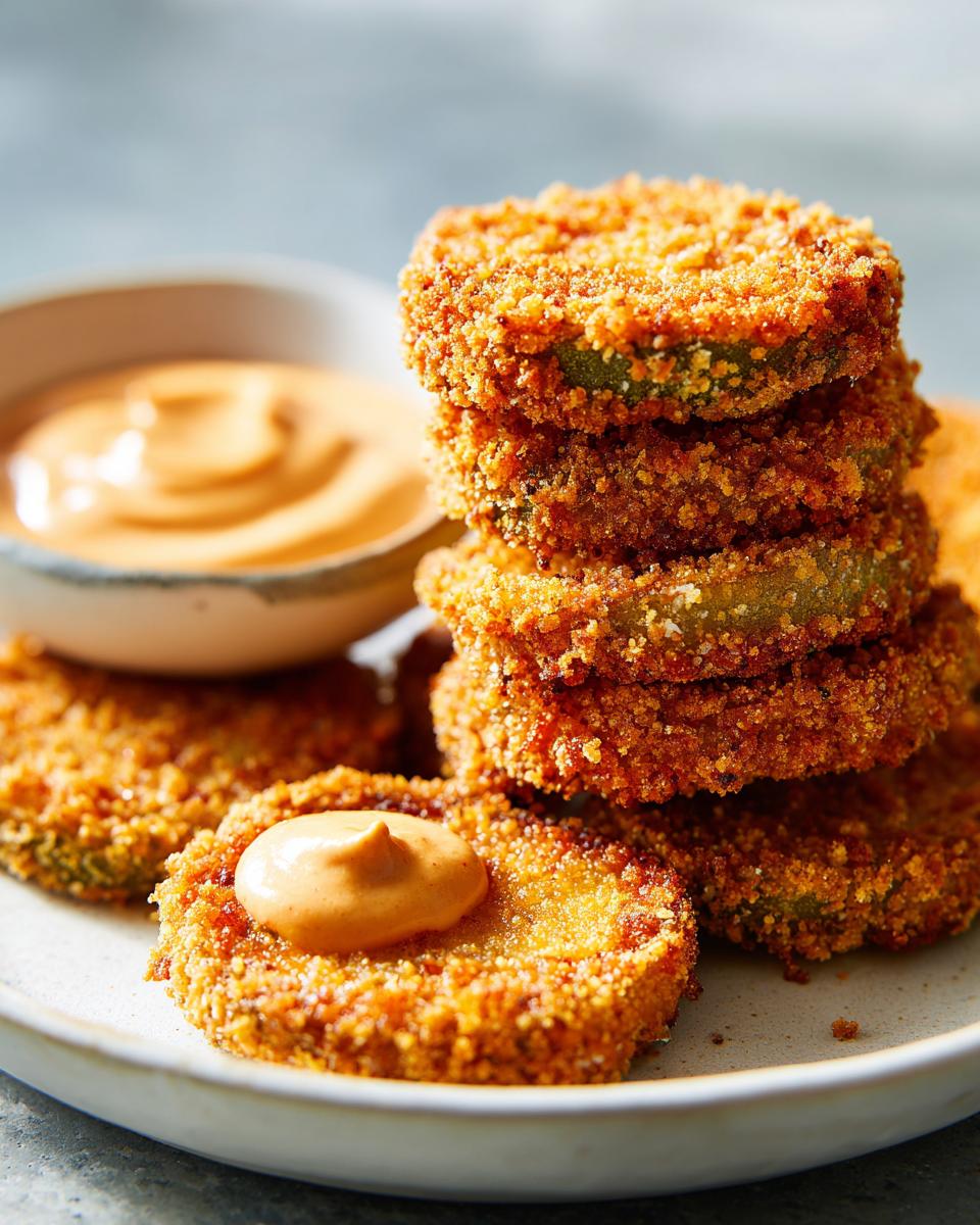 A tall stack of perfectly golden, crispy fried green tomatoes served with a side of creamy dipping sauce.