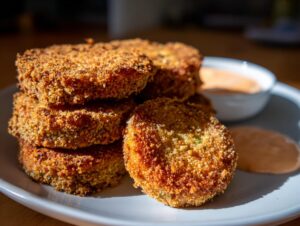 A stack of golden brown, crispy fried green tomatoes served on a white plate with a side of dipping sauce.