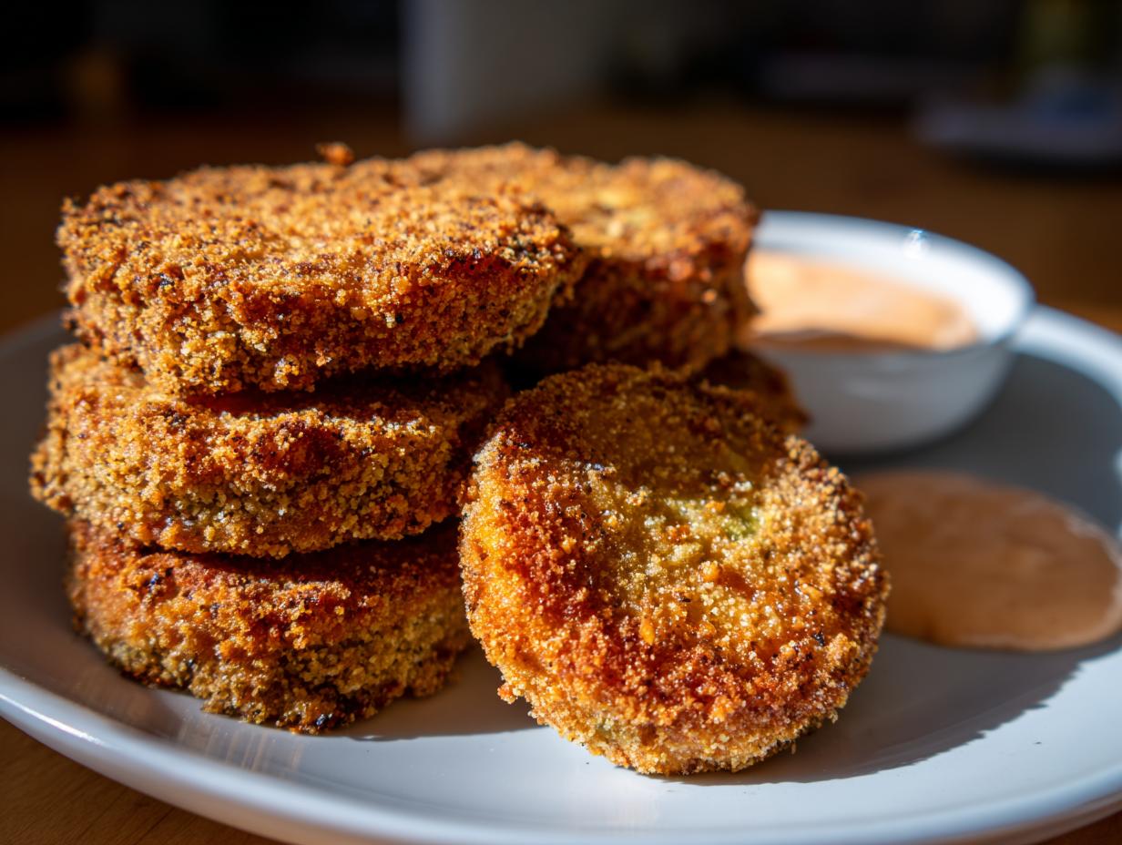 A stack of golden brown, crispy fried green tomatoes served on a white plate with a side of dipping sauce.