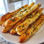 A pile of golden brown, buttery breadsticks seasoned with garlic, parsley, and grated Parmesan cheese.