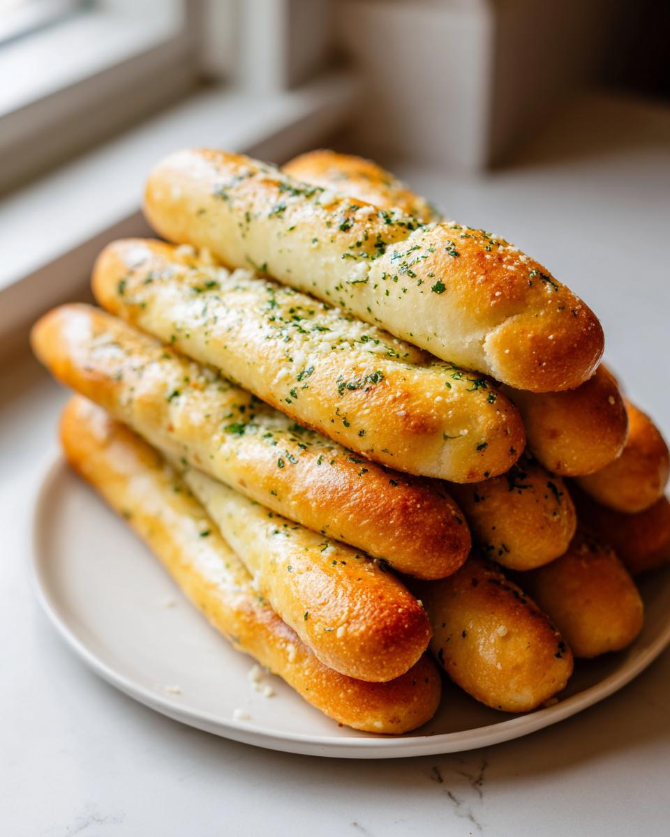 A tall stack of golden brown, buttery garlic breadsticks topped with parsley and parmesan cheese.