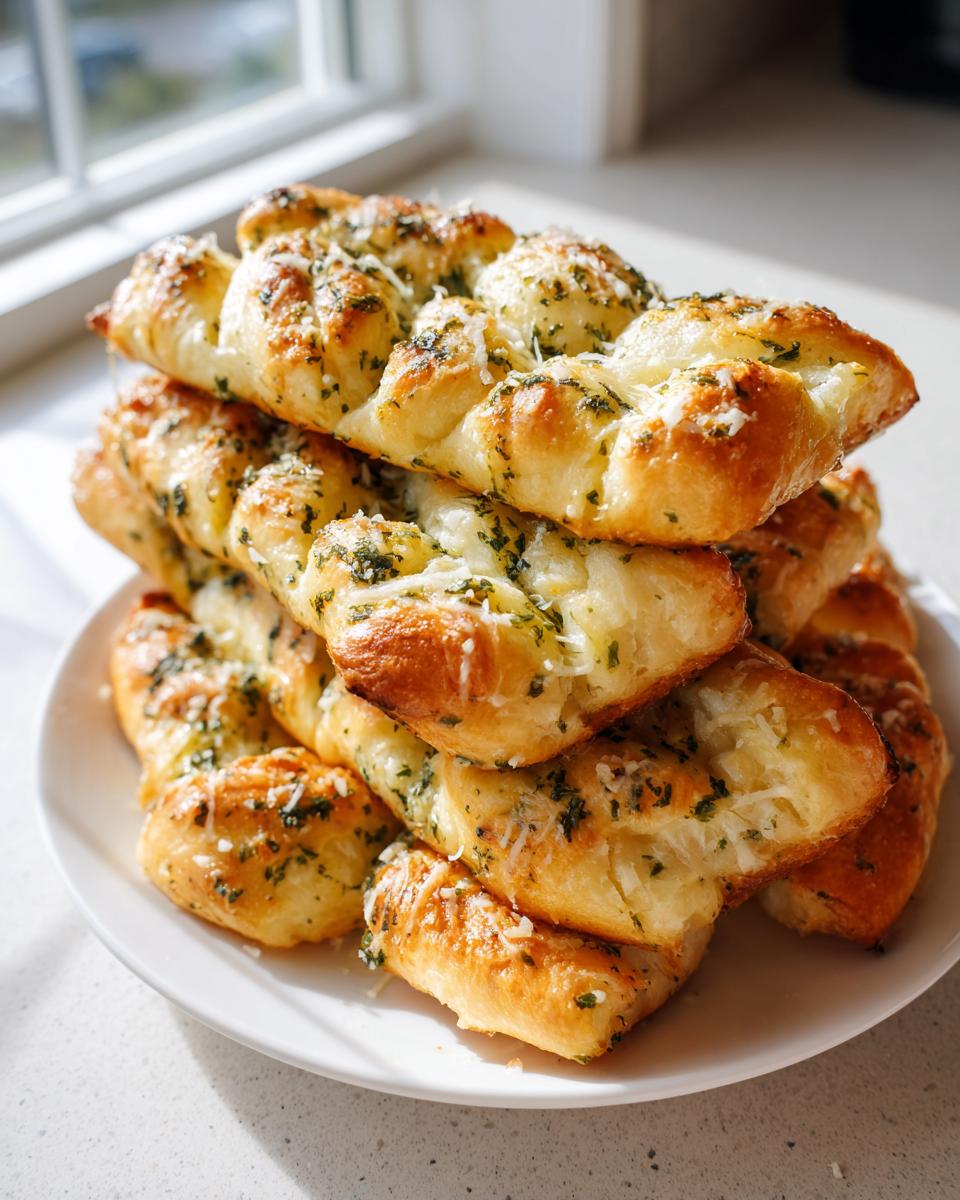 A stack of freshly baked, golden garlic breadsticks topped with melted cheese and parsley on a white plate.