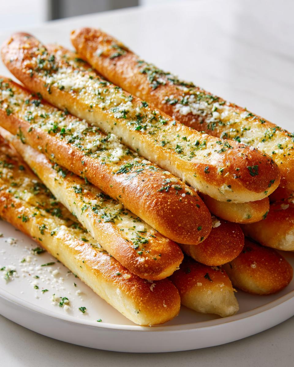 A stack of golden brown garlic breadsticks generously topped with melted butter, minced parsley, and grated Parmesan cheese.