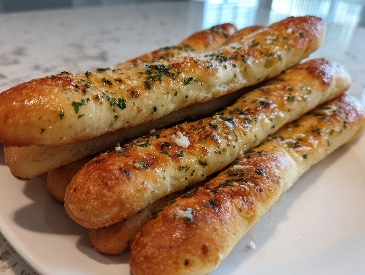 A close-up stack of golden brown, buttery garlic breadsticks topped with parsley and Parmesan cheese.
