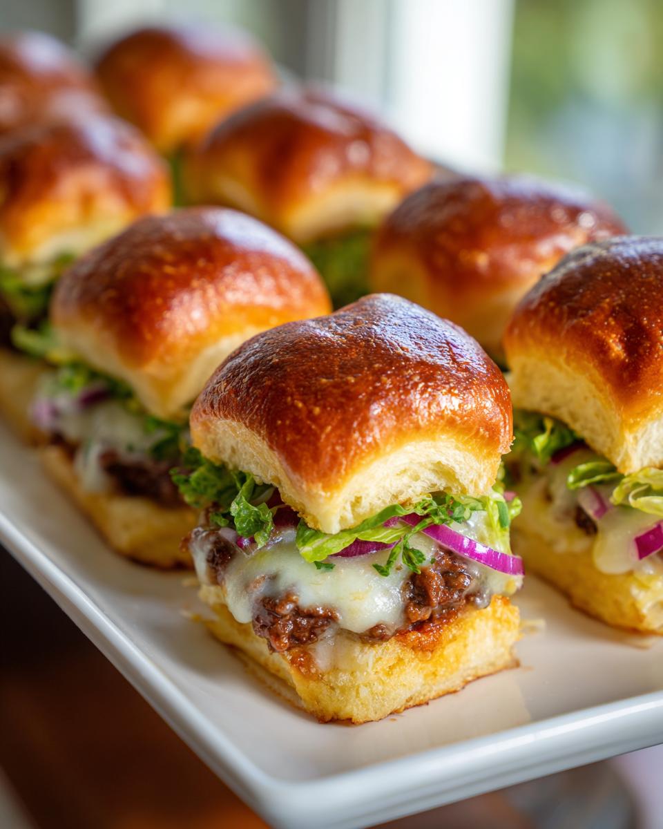 Close-up of baked grinder sliders featuring melted cheese, lettuce, and red onion on brioche buns.