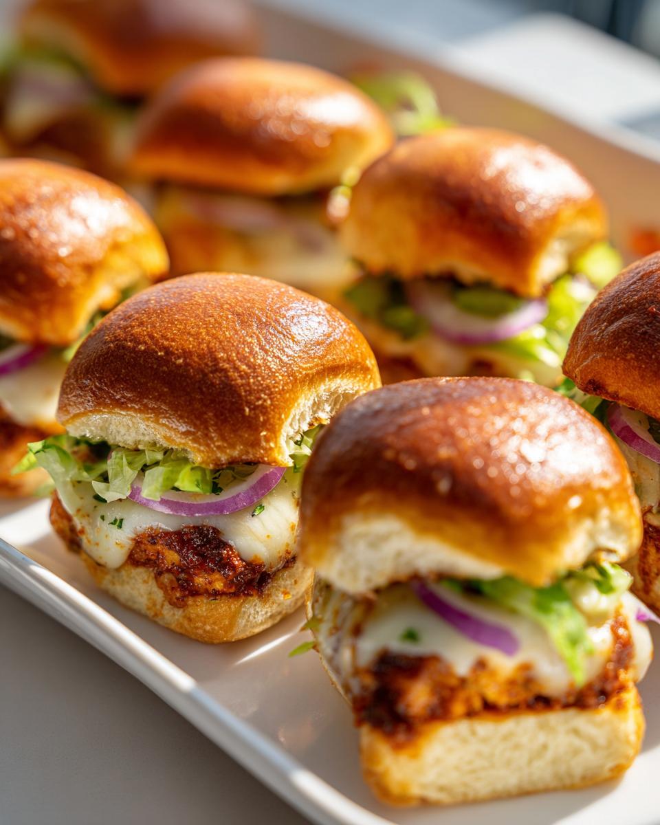 Close-up of several freshly baked grinder sliders with melted cheese, red onion, and lettuce on a white serving tray.