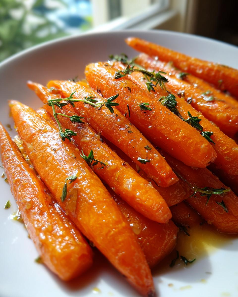 Close-up of vibrant orange, glossy honey glazed carrots topped with fresh thyme sprigs on a white plate.