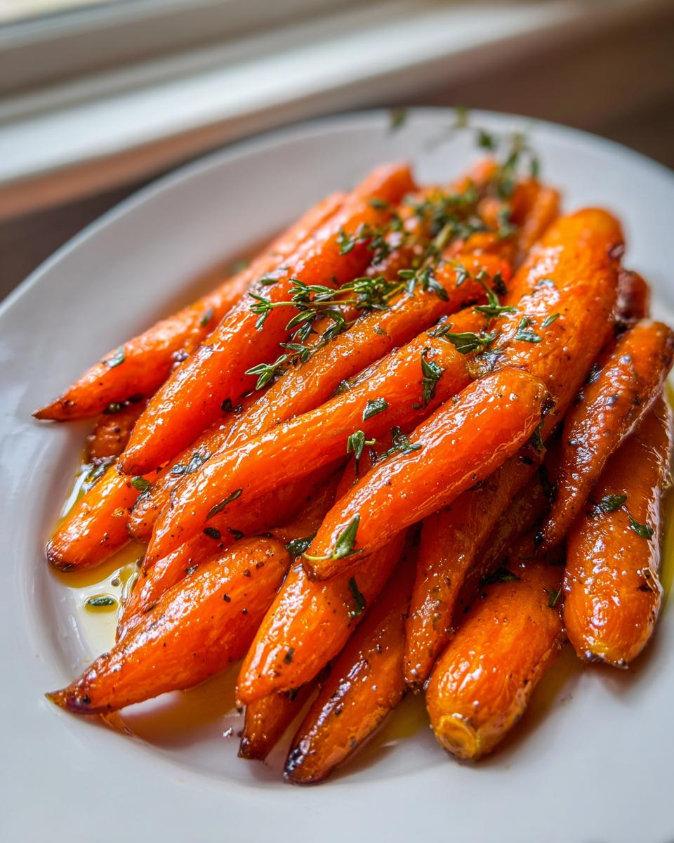 A plate full of vibrant, glossy honey glazed carrots, garnished with fresh thyme sprigs.