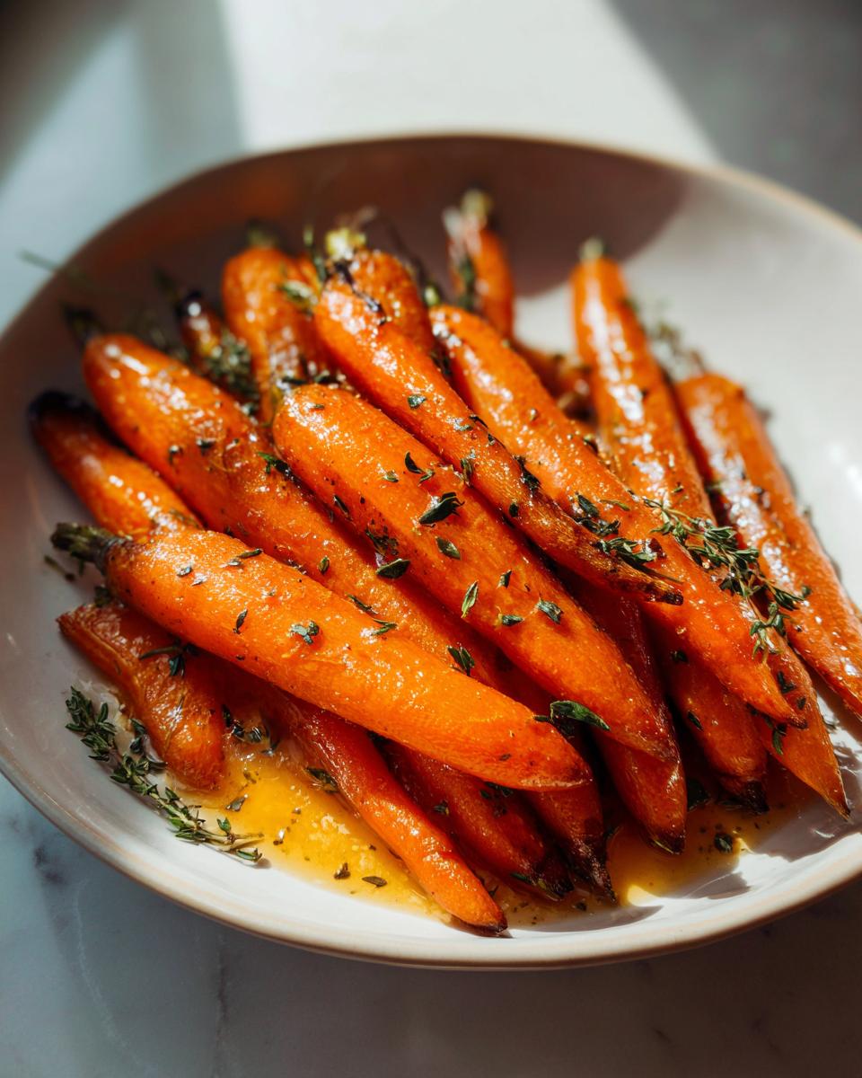 A close-up of bright orange, glossy honey glazed carrots drizzled with sauce and sprinkled with fresh thyme.
