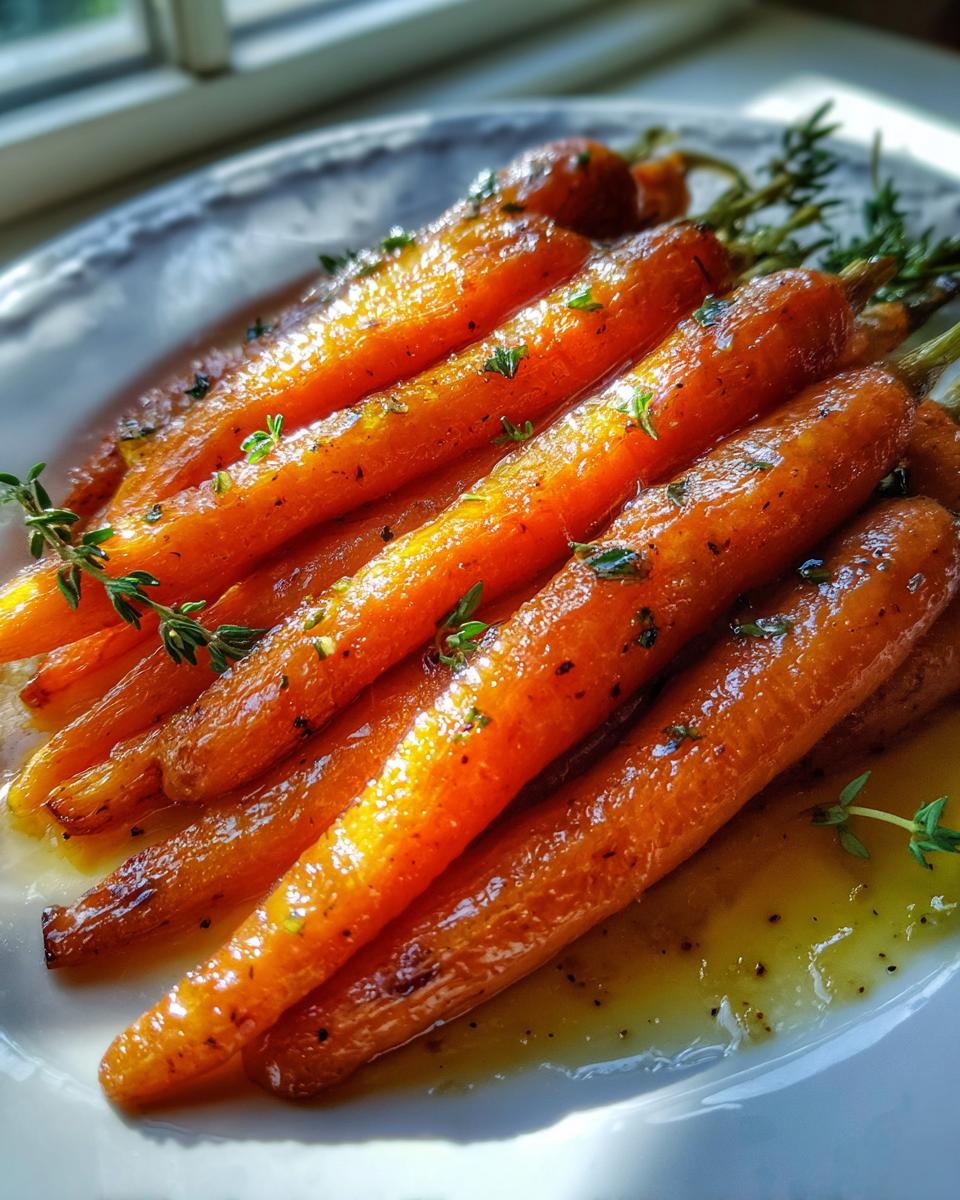 Close-up of bright orange honey glazed carrots served on a white plate with thyme sprigs.