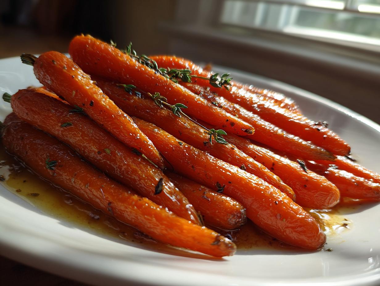 A close-up of bright orange honey glazed carrots drizzled with glaze and topped with fresh thyme sprigs.