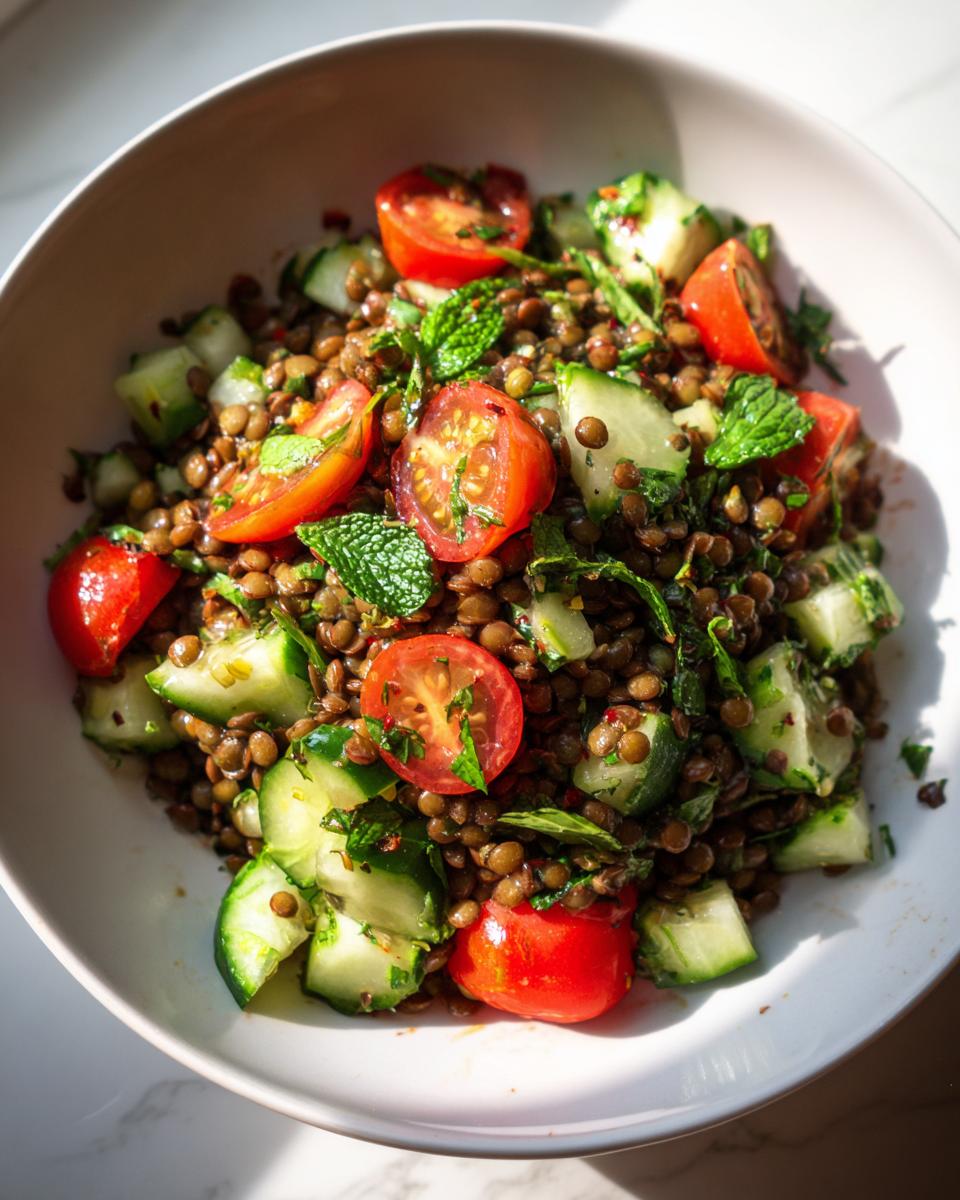 Close-up of a vibrant lentil salad featuring brown lentils, cherry tomatoes, and chopped cucumber, garnished with mint.
