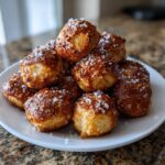 A pile of golden brown, freshly baked pretzel bites sprinkled with coarse salt on a white plate.