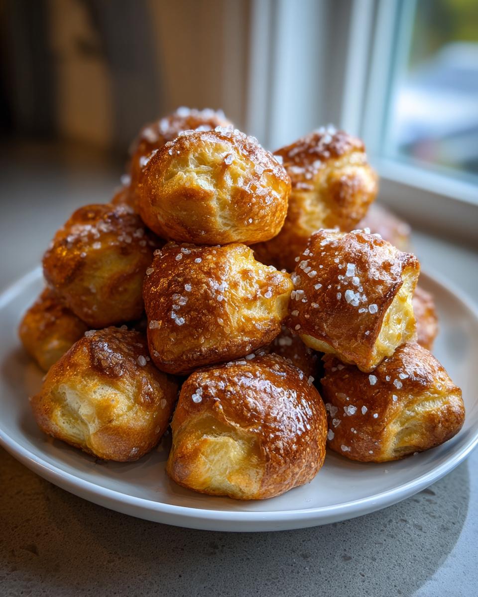 A pile of golden brown, glossy pretzel bites topped with coarse salt served on a white plate.