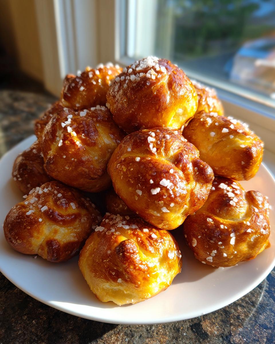 A pile of freshly baked, golden brown pretzel bites sprinkled with coarse salt on a white plate.