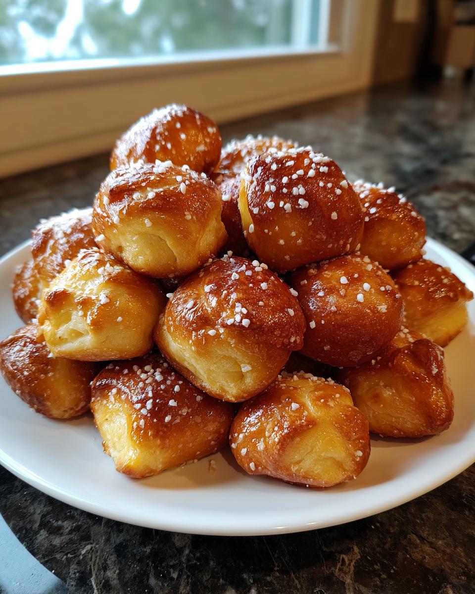 A mound of freshly baked, golden brown pretzel bites topped with coarse salt crystals, ready to eat.