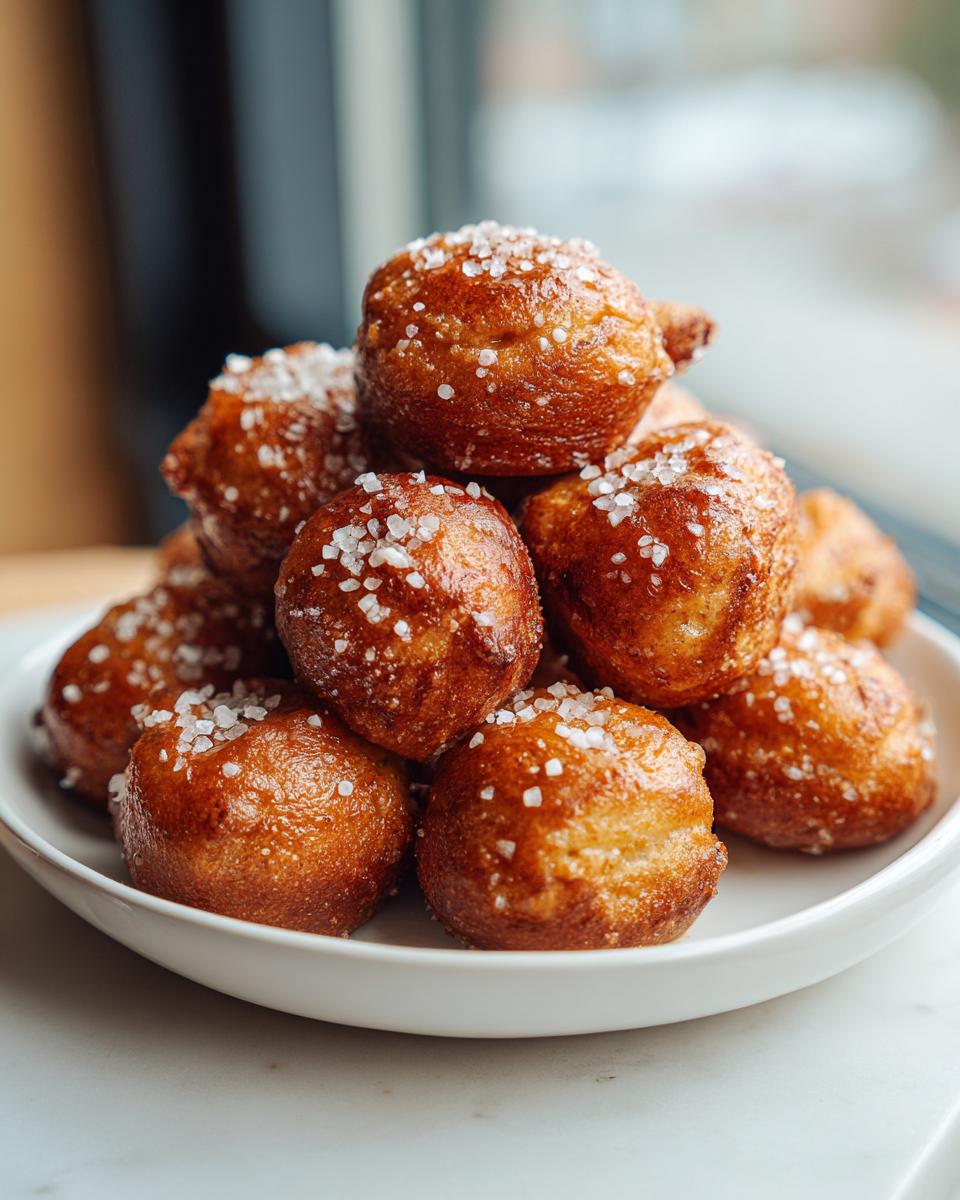 A stack of freshly baked, golden brown pretzel bites generously sprinkled with coarse salt.