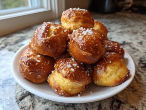 A stack of freshly baked, golden brown pretzel bites topped with coarse salt, ready to eat.