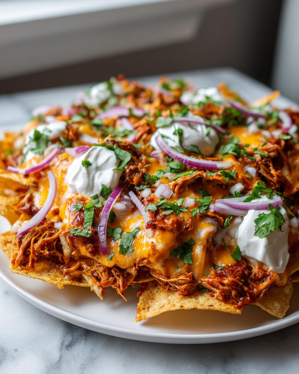 A close-up of fully loaded pulled pork nachos topped with melted cheese, sour cream, red onion, and cilantro.