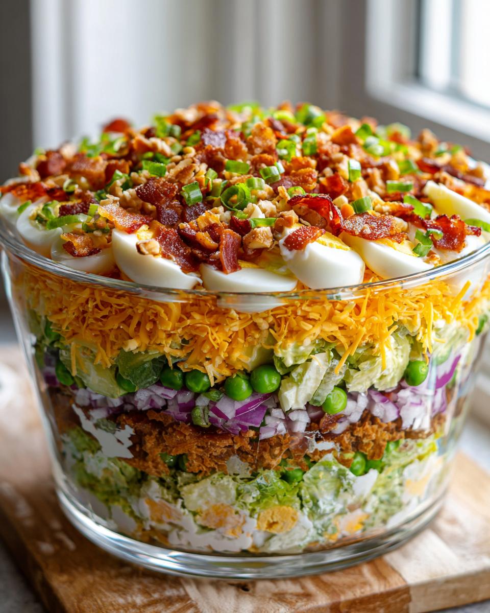 A tall, clear glass bowl showcasing the distinct layers of an amazing seven layer salad, topped with bacon and eggs.