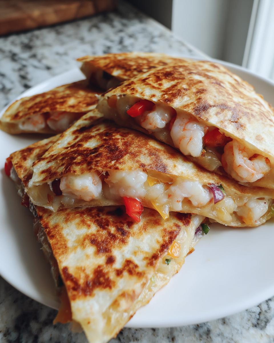 Close-up of golden brown shrimp quesadilla wedges filled with plump shrimp and colorful peppers.