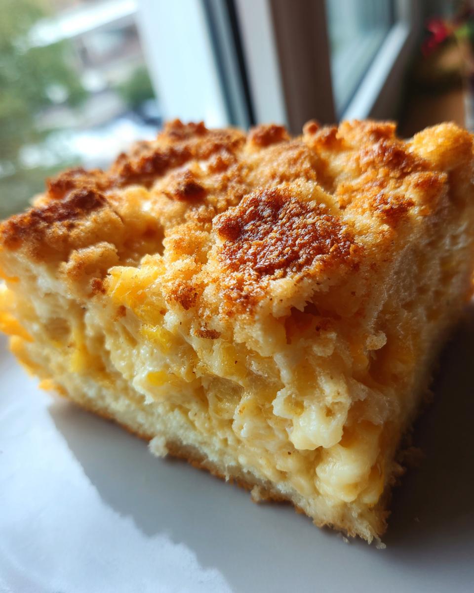Close-up of a square slice of creamy, baked squash casserole with a golden brown, crumbly topping.