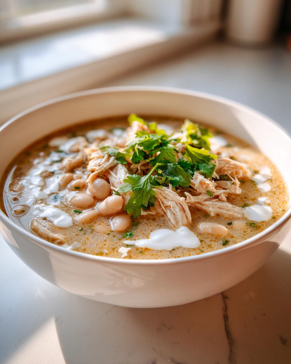 A close-up of a bowl of creamy white chicken chili topped with shredded chicken, white beans, sour cream, and fresh cilantro.