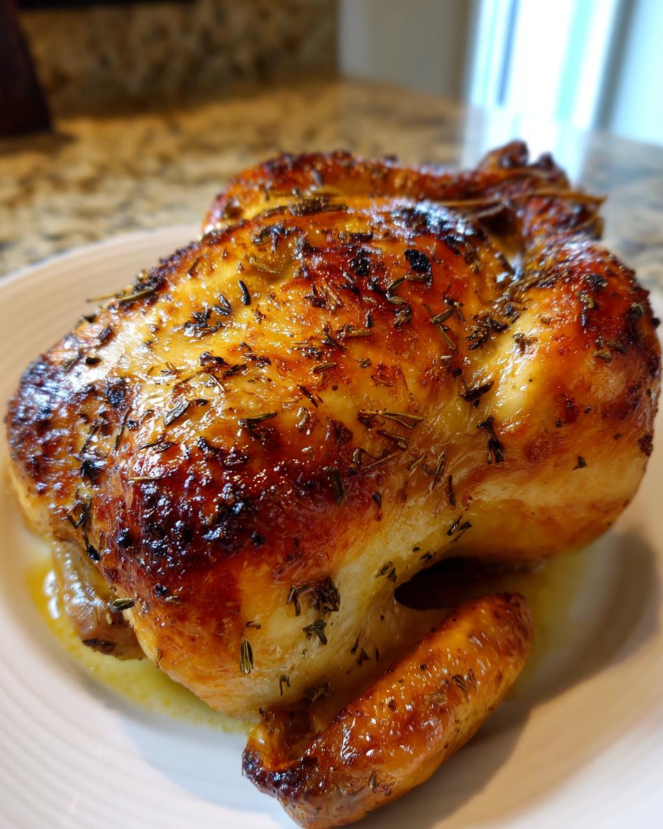 A close-up of a beautifully roasted whole chicken with golden, crispy skin seasoned with herbs.