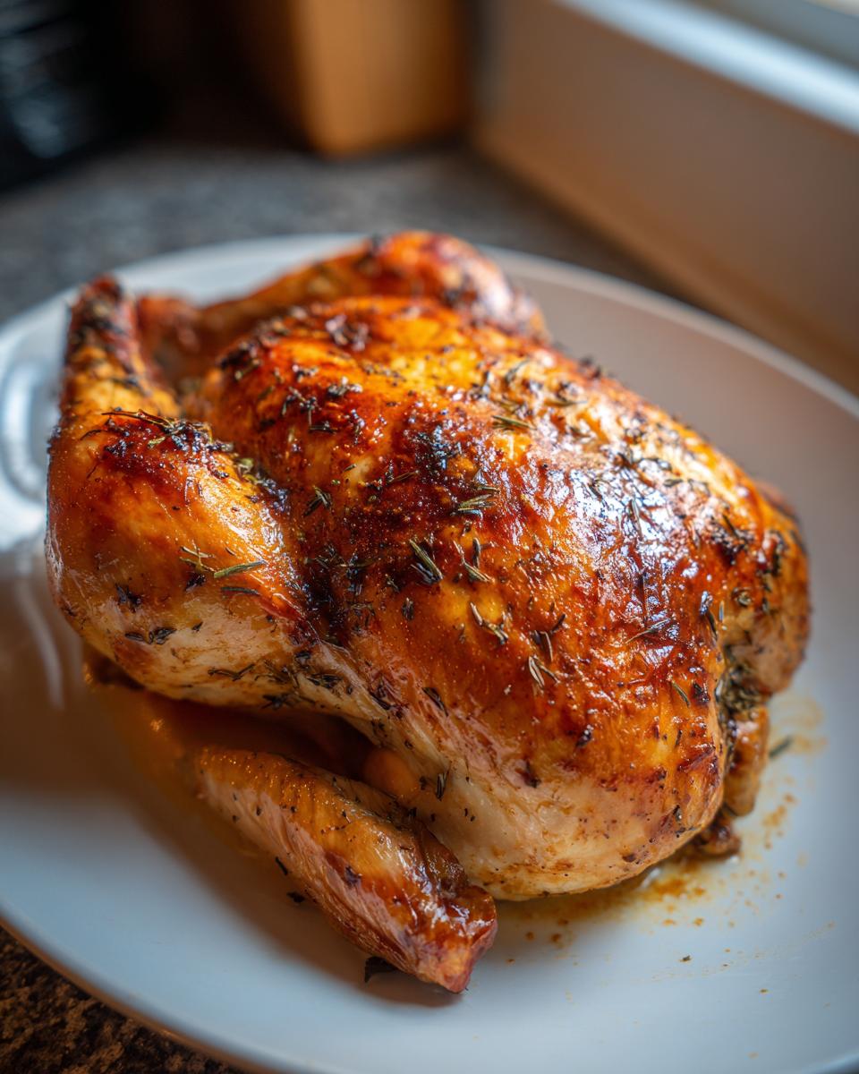 A beautifully roasted whole chicken with golden-brown, herb-crusted skin resting on a white plate.