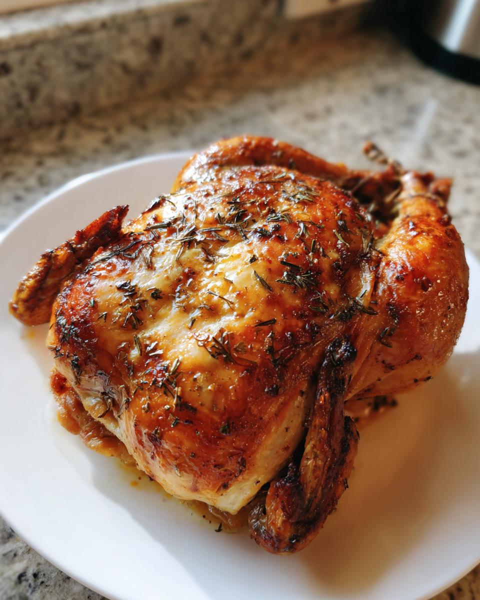 A beautifully roasted whole chicken with crispy, golden-brown skin seasoned with herbs, resting on a white plate.