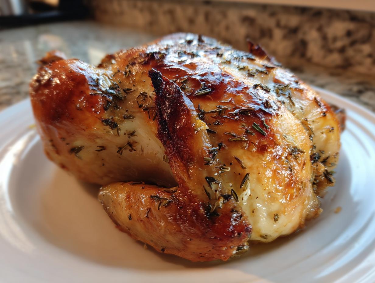 Close-up of a beautifully roasted whole chicken with glossy, herb-crusted skin resting on a white plate.