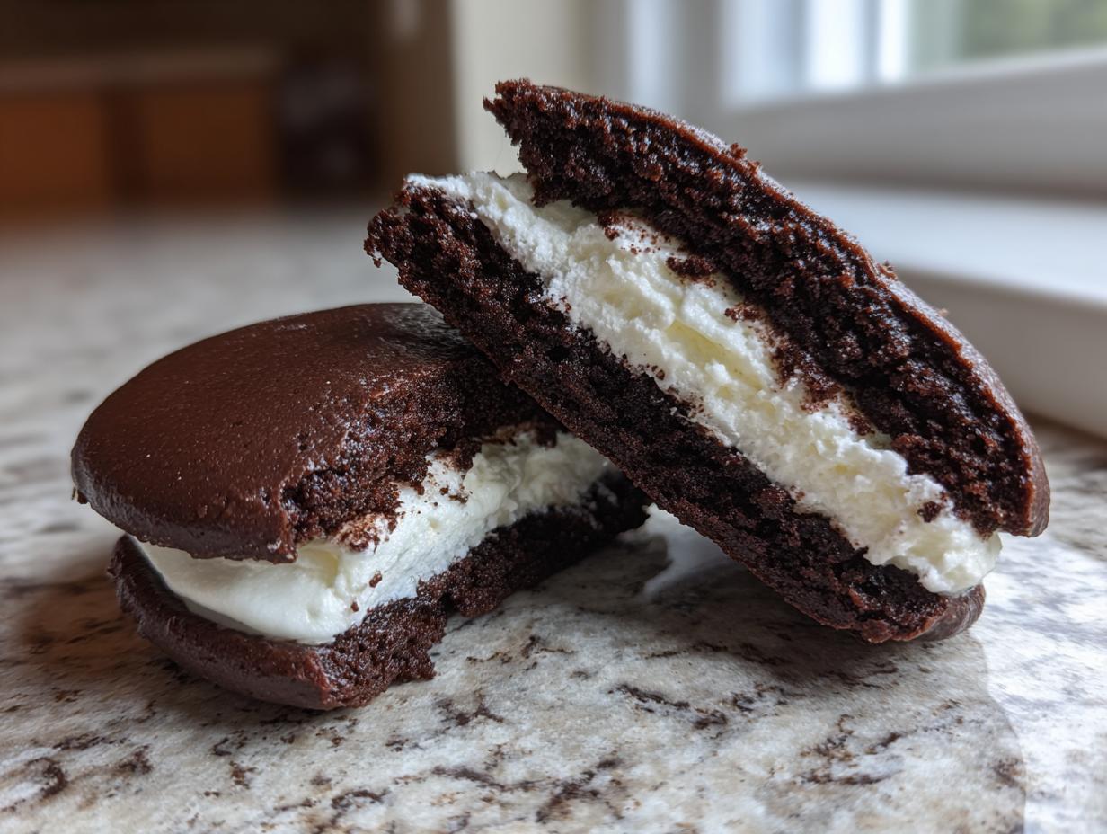Close-up of two chocolate whoopie pies, one cut in half showing the thick white cream filling.