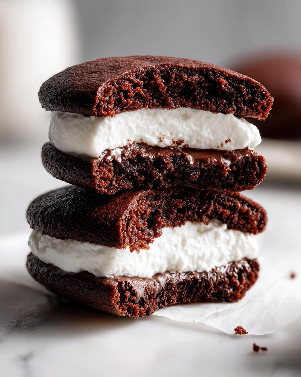 Two stacked chocolate whoopie pies cut in half showing fluffy white filling and gooey chocolate center.