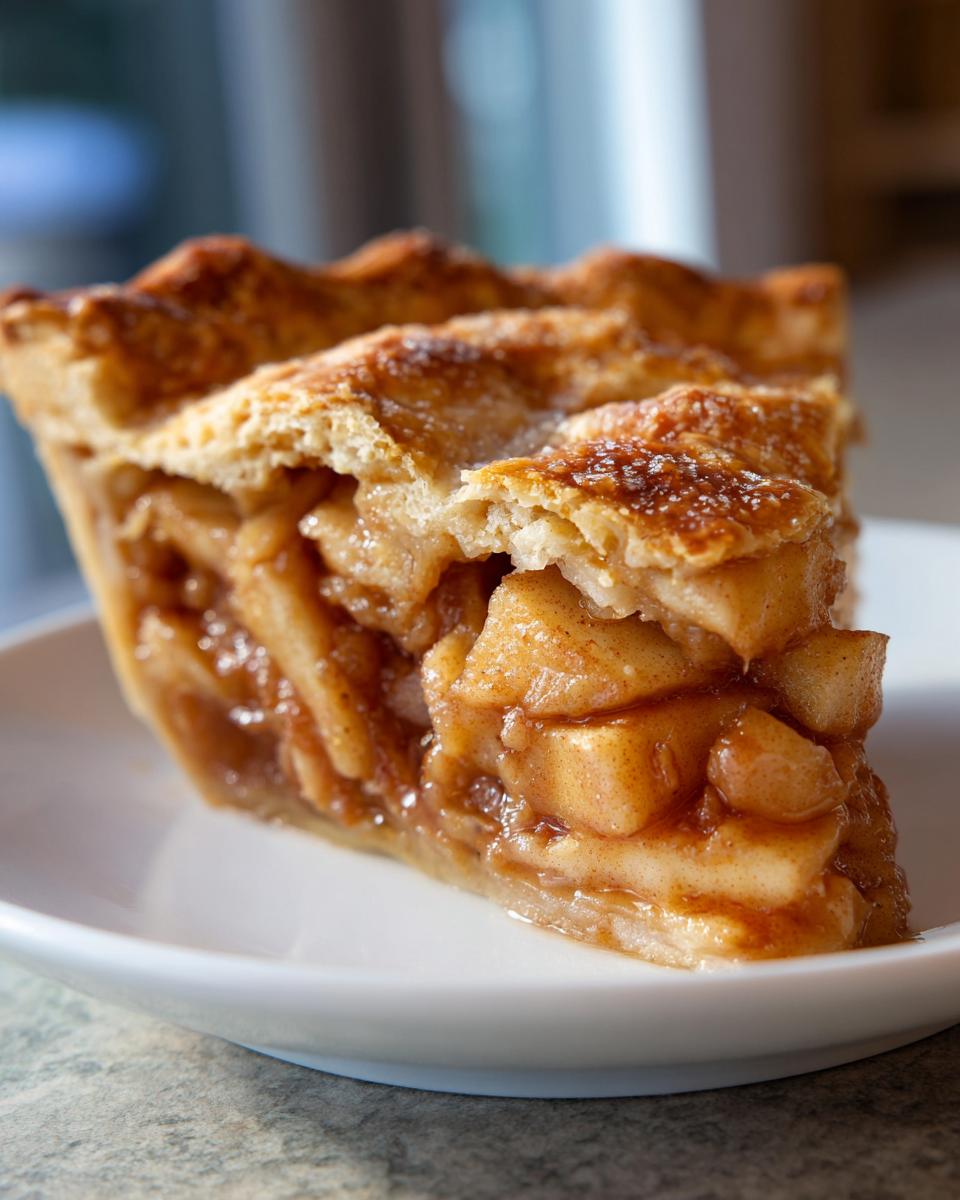 Close-up of a thick slice of apple pie showing chunky cinnamon filling and a flaky, golden-brown top crust.