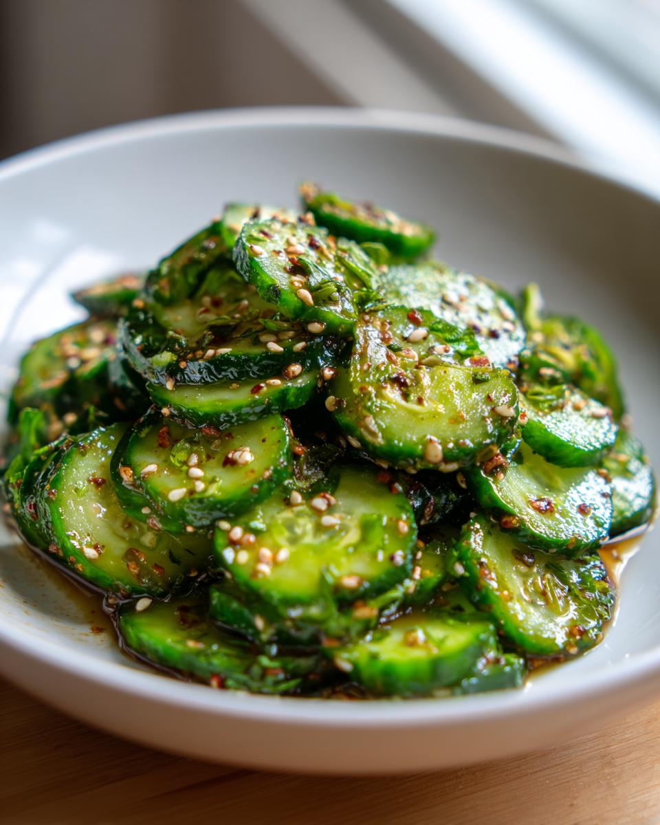 Close-up of bright green, thinly sliced cucumbers tossed in a savory dressing and topped with sesame seeds, ready to serve as an asian cucumber salad.