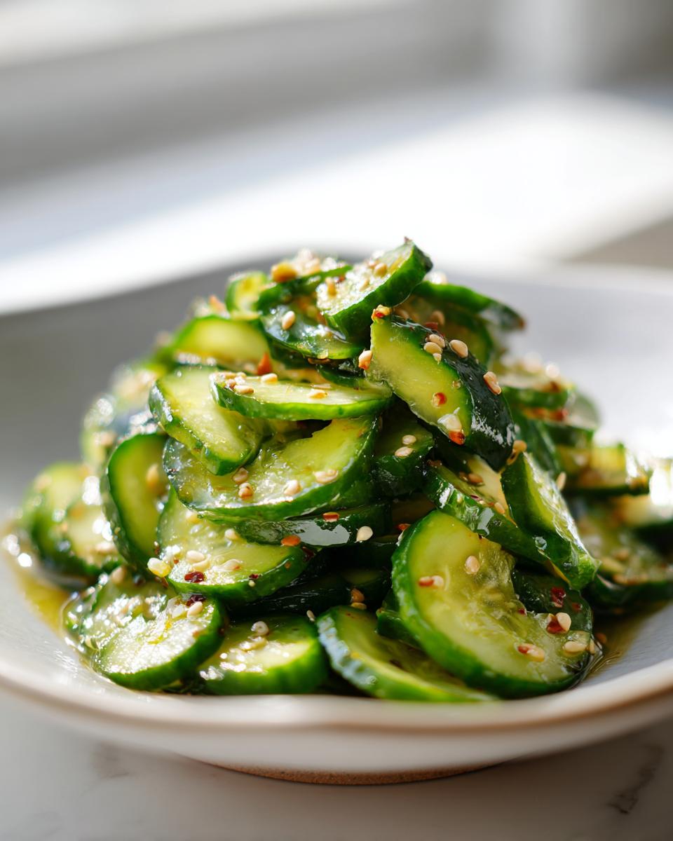 Close-up of thinly sliced cucumbers piled high in a bowl, glistening with dressing and topped with sesame seeds, ready for asian cucumber salad.