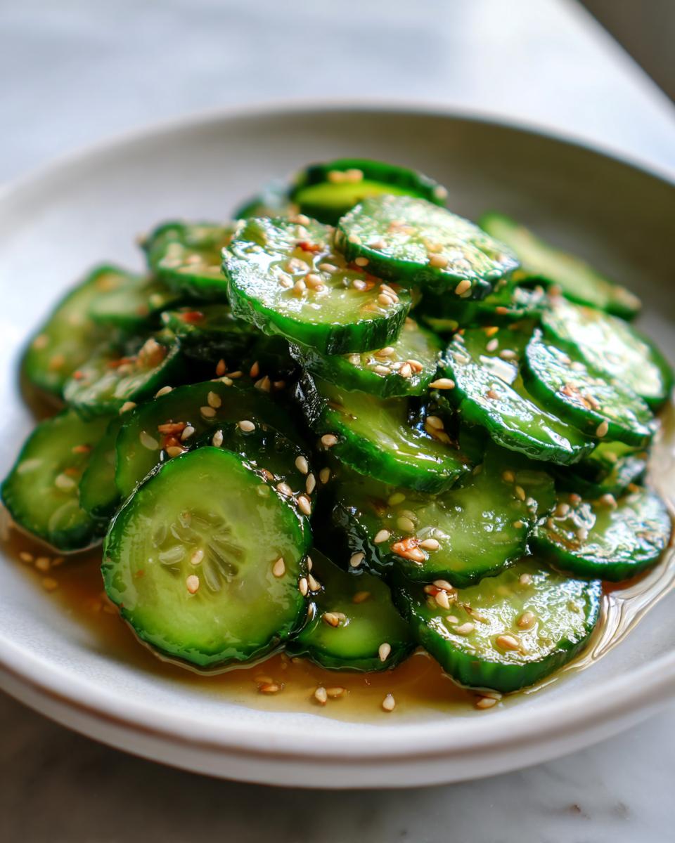 Close-up of shiny, marinated cucumber slices in a savory dressing, topped with toasted sesame seeds, part of an asian cucumber salad.