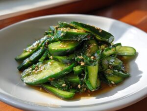 Close-up of vibrant green asian cucumber salad slices tossed in a savory dressing and topped with toasted sesame seeds.