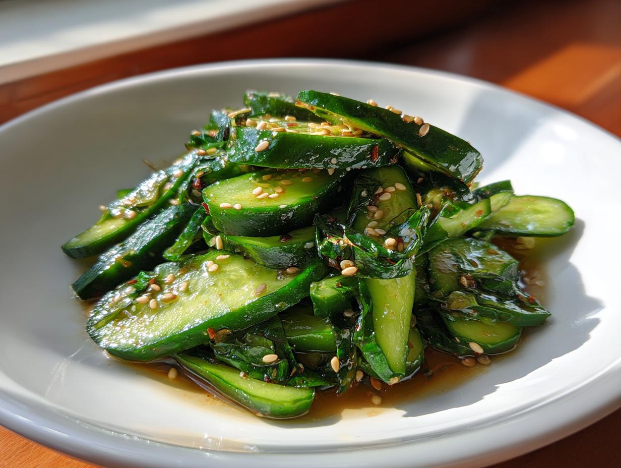 Close-up of vibrant green asian cucumber salad slices tossed in a savory dressing and topped with toasted sesame seeds.