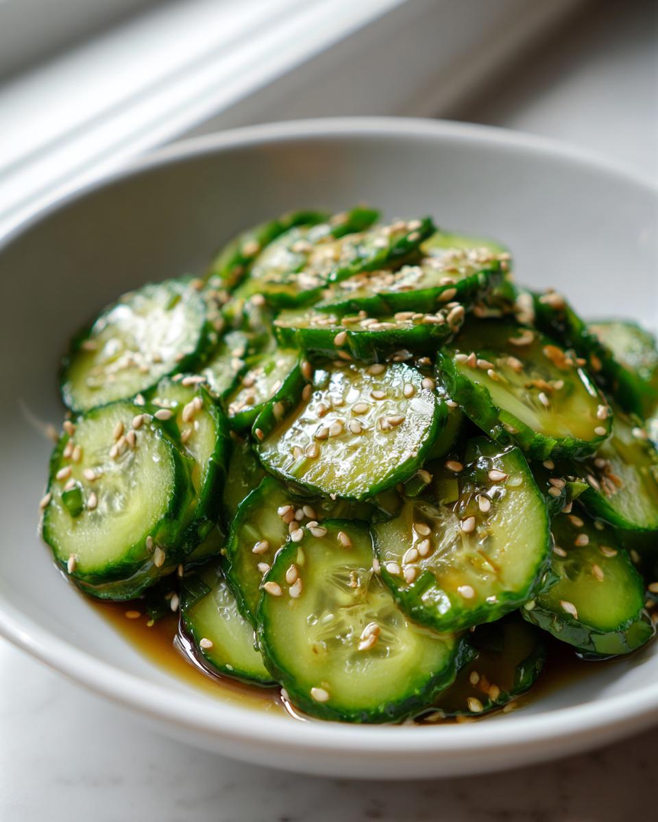 Close-up of thinly sliced cucumbers marinated in a savory dressing and topped with toasted sesame seeds in an asian cucumber salad.