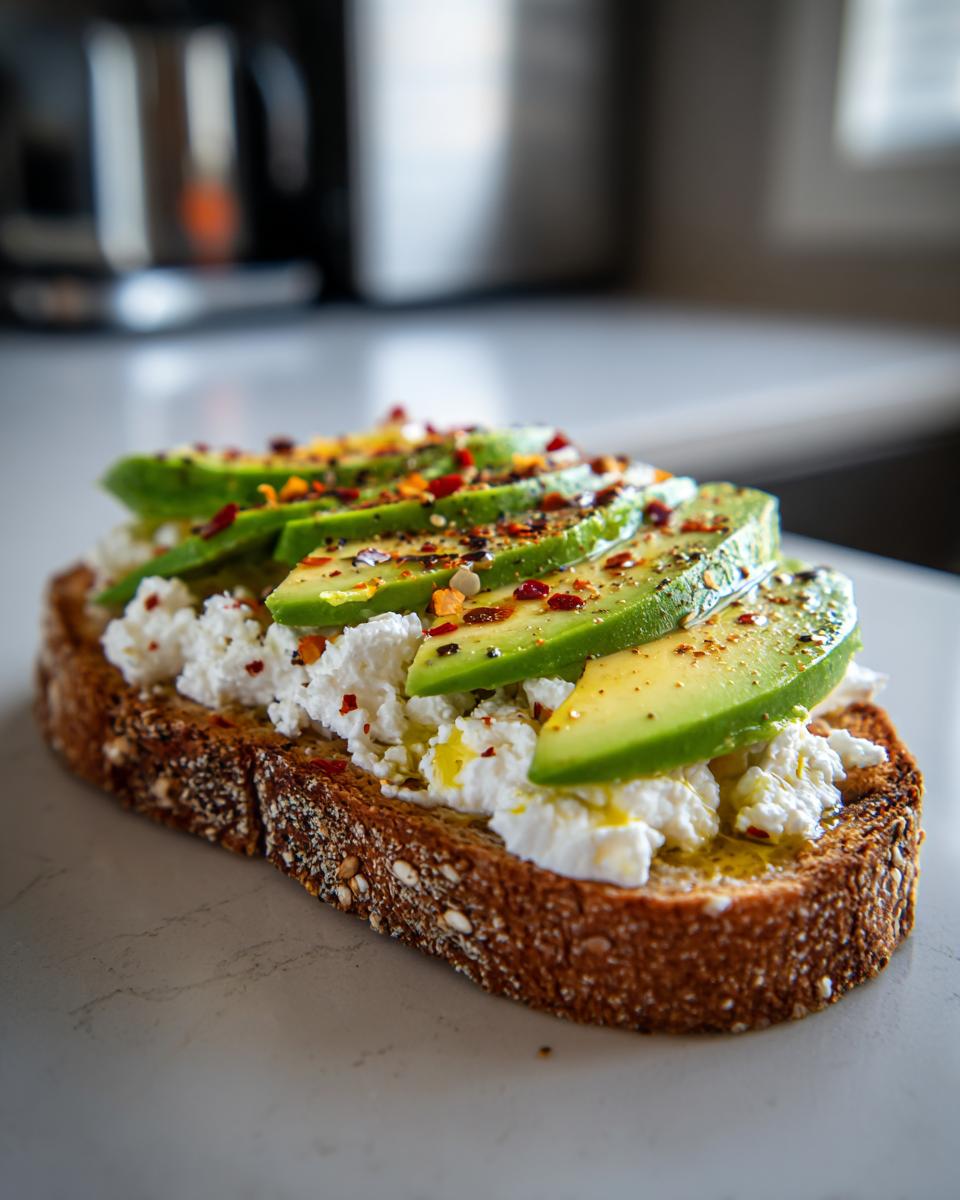 A slice of toasted whole-grain bread topped with cottage cheese, sliced avocado, and chili flakes, representing a cottage cheese toast hack.